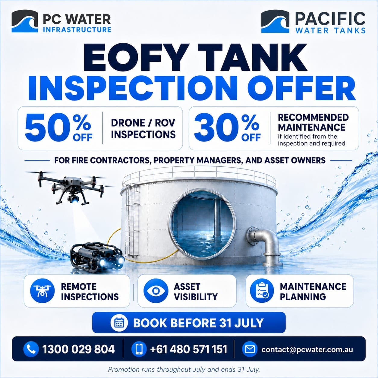 PC Water Infrastructure EOFY Tank Inspection Offer — 50% off drone and ROV inspections, 30% off recommended maintenance. Book before 31 July.